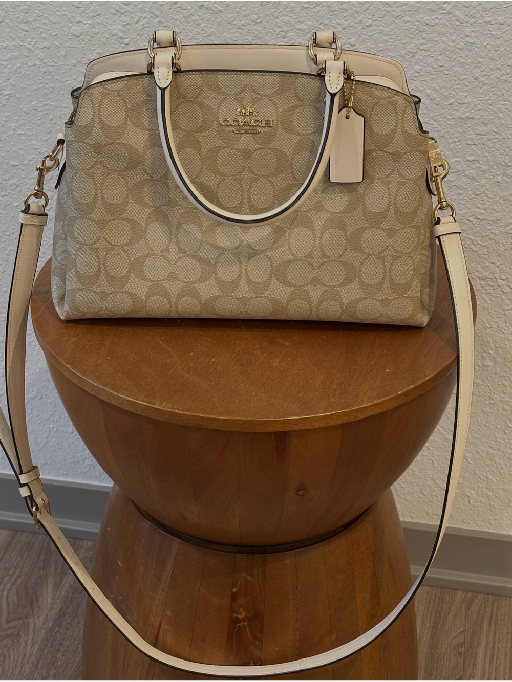 Coach Beige Signature Satchel with Cream Trim and Gold Hardware